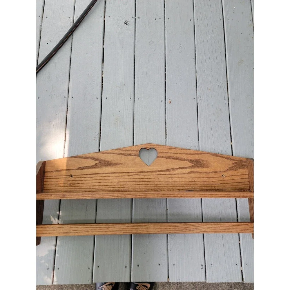 Vtg Solid Wood Wall Shelf Quilt Rack Hanging Bar  33.5” Heart Cutout Cottagecore